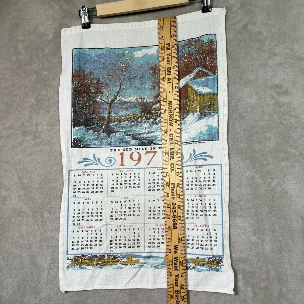 VTG 1971 Calendar Towel Currier & Ives 'Old Mill in Winter' Anniversary Birthday